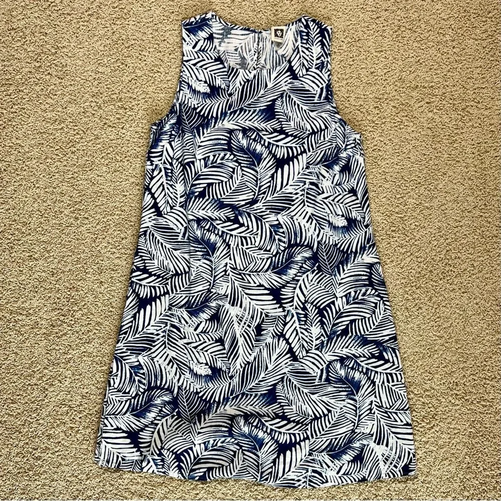 ANNE KLEIN Linen Blend Sleeveless A Line Dress Palm Print Blue White Size 6